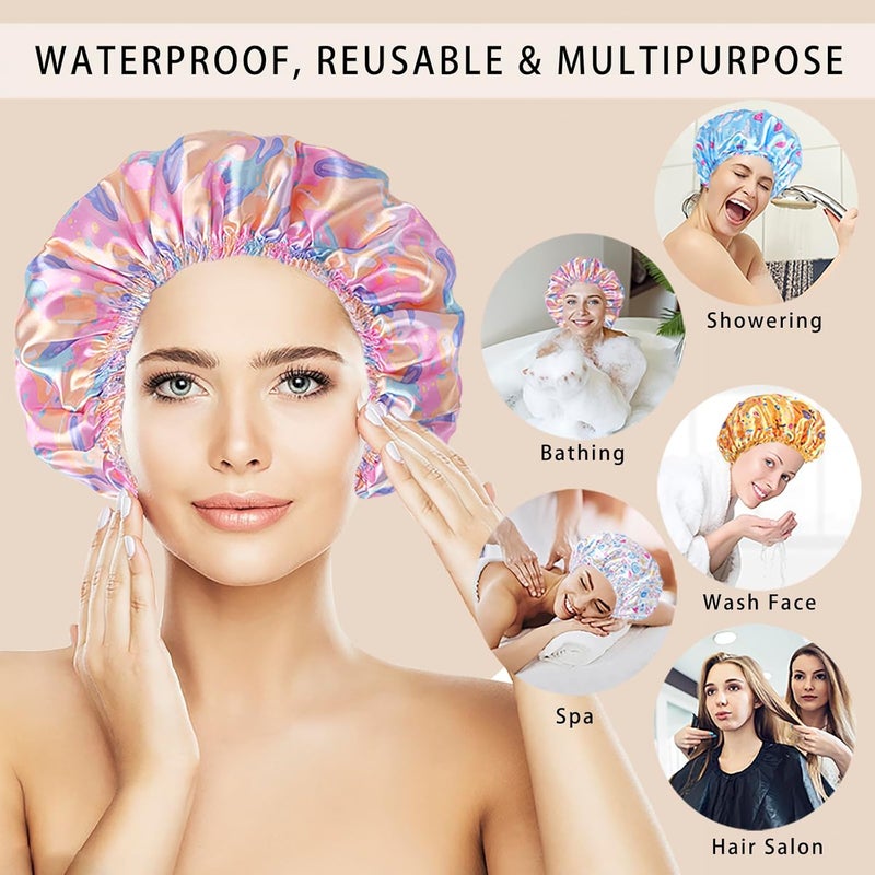 CHFONG 4 PCS Shower Cap for Women, Elastic and Reusable Bath Caps, Double Layers Shower Caps Reusable Waterproof, Bathing Shower Caps, Environmental Bath Hair Protection Cap - Watermelon - Image 2